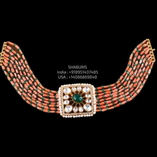 Coral choker polki diamond uncut diamond flat diamond pure silver jewelry indian coral bead necklace emerald necklace ,-NIHIRA-SHABURIS
