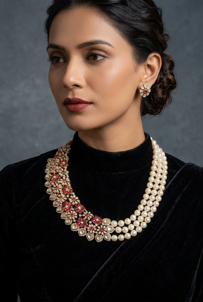 Pearls necklace Pure Silver jewelry Indian diamond Necklace-SHABURIS