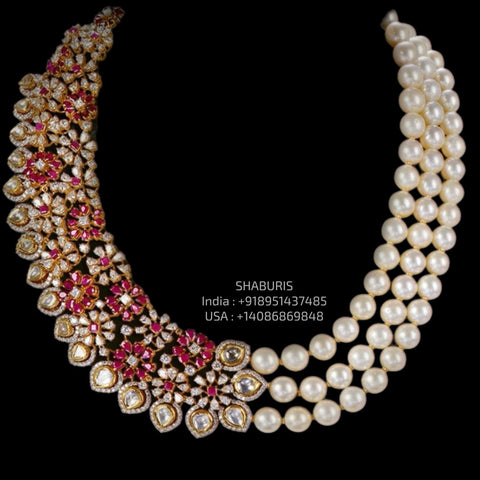 Pearls necklace Pure Silver jewelry Indian diamond Necklace-SHABURIS