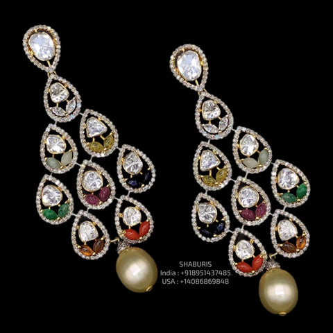 Navaratan Earrings - 925 silver Jewelry,South Indian Jewelry,bridal earrings,Indian Wedding Jewelry,pure Silver indian jewelry - SHABURIS