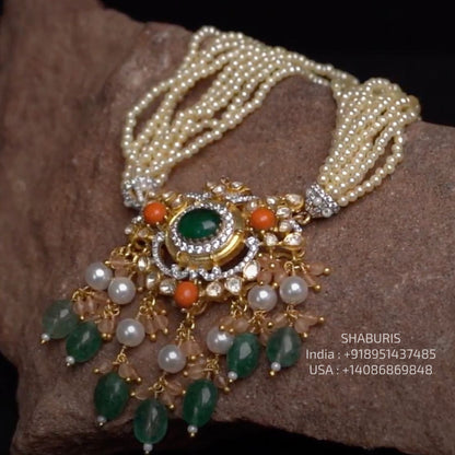 Coral necklace Pure Silver jewelry Indian diamond Necklace - SHABURIS (Ready to Ship from India)