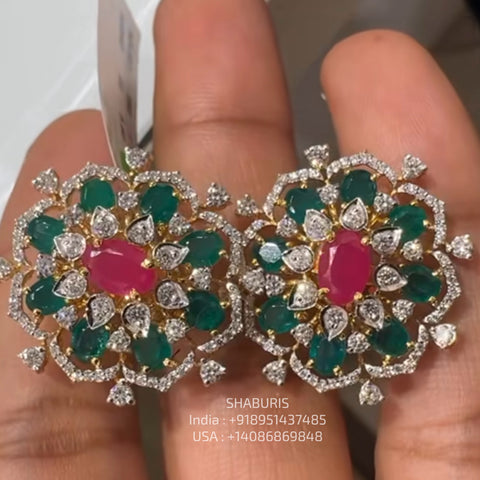 Diamond studs - 925 silver Jewelry,South Indian Jewelry,bridal earrings,Indian Wedding Jewelry,pure Silver indian jewelry - SHABURIS
