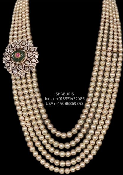South Sea Pearl necklace Mens jewelry unisex jewelry Pure Silver jewelry Indian diamond Necklace- SHABURIS (Ready to Ship from India)