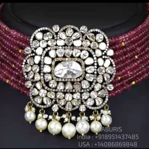Ruby choker necklace polki jewelry unisex jewelry Pure Silver jewelry Indian diamond Necklace-SHABURIS