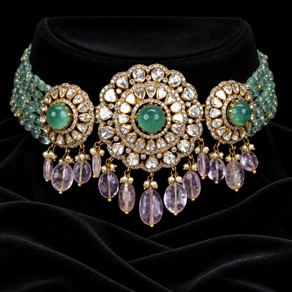 Emerald choker necklace polki jewelry unisex jewelry Pure Silver jewelry Indian diamond Necklace-SHABURIS