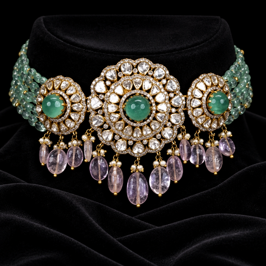 Emerald choker necklace polki jewelry unisex jewelry Pure Silver jewelry Indian diamond Necklace-SHABURIS