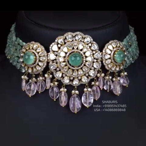 Emerald choker necklace polki jewelry unisex jewelry Pure Silver jewelry Indian diamond Necklace-SHABURIS