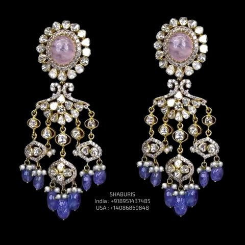 Polki Earring - 925 silver Jewelry,South Indian Jewelry,bridal earrings,Indian Wedding Jewelry,pure Silver indian jewelry - SHABURIS