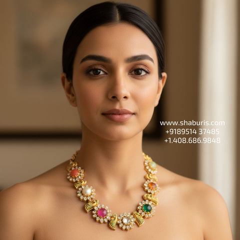 Navaratan necklace polki necklace diamond Jewelry necklace Pearl necklace statement jewelry silver necklace 925 silver with 22k gold plated - SHABURIS