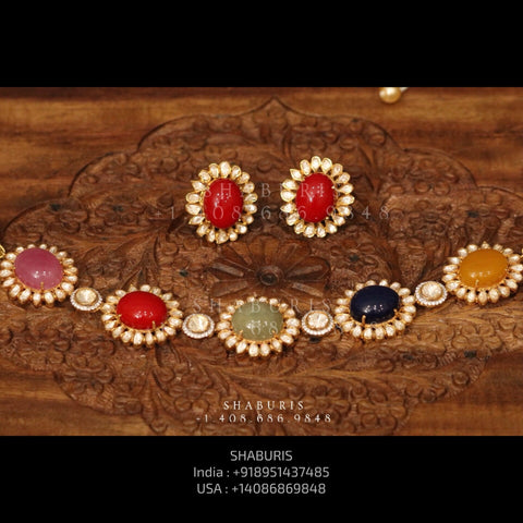 925 silver jewelry Navaratan Necklace Precious stones jewelry 22k gold plated - SHABURIS