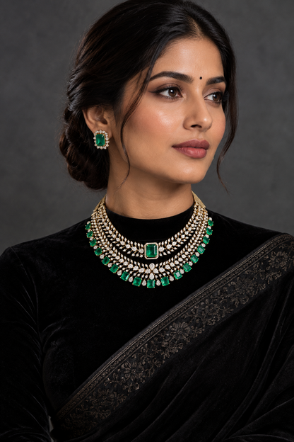 Emerald Set diamond necklace 925 silver jewelry 22k gold plated - SHABURIS