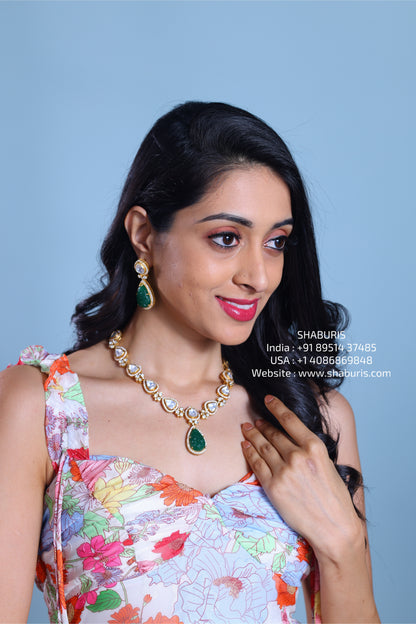 Emerald necklace diamond necklace 925 silver with 22k gold plated - SHABURIS (Ready to Ship from India)