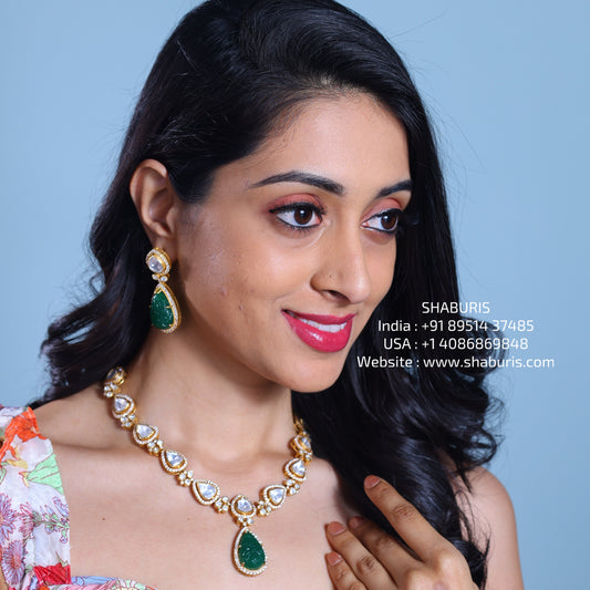 Emerald necklace diamond necklace 925 silver with 22k gold plated - SHABURIS (Ready to Ship from India)