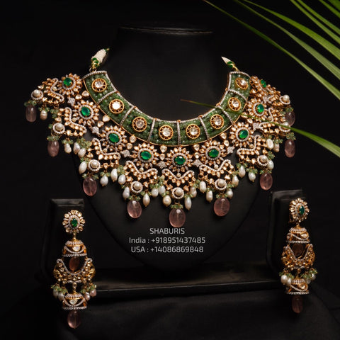Polki Set diamond necklace 925 silver jewelry 22k gold plated - SHABURIS