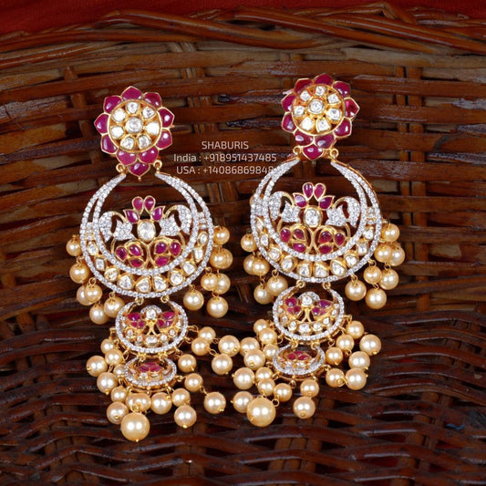 Chandbalis Polki Earrings - 925 silver Jewelry,South Indian Jewelry,bridal earrings,Indian Wedding Jewelry,pure Silver indian jewelry - SHABURIS