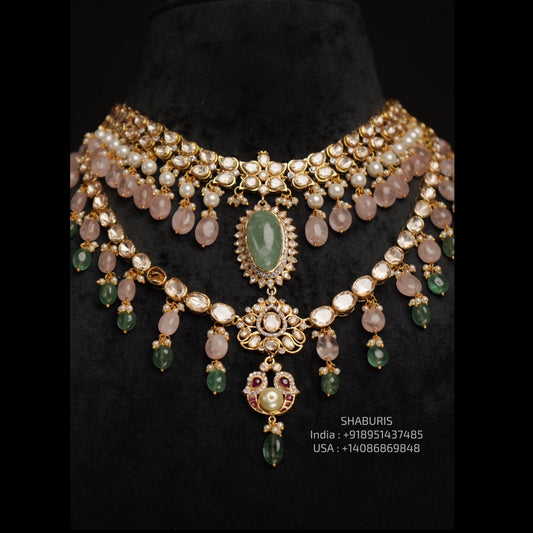 Polki Set diamond necklace 925 silver jewelry 22k gold plated - SHABURIS
