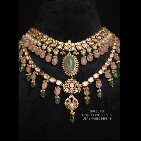 Polki Set diamond necklace 925 silver jewelry 22k gold plated - SHABURIS