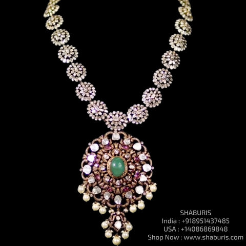 Polki diamond necklace 925 silver jewelry 22k gold plated - SHABURIS
