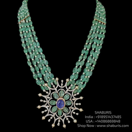 Emerald haram Polki diamond necklace 925 silver jewelry 22k gold plated - SHABURIS