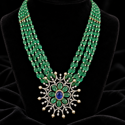 Emerald haram Polki diamond necklace 925 silver jewelry 22k gold plated - SHABURIS