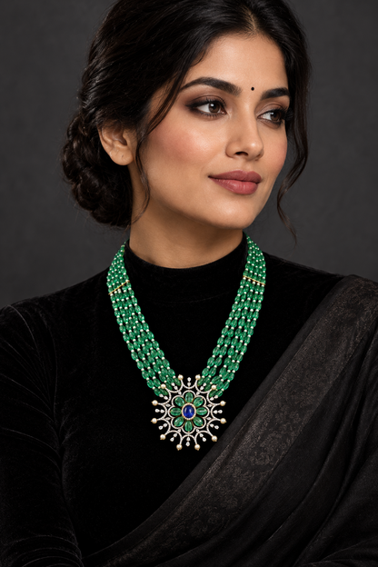 Emerald haram Polki diamond necklace 925 silver jewelry 22k gold plated - SHABURIS