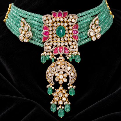 Emerald necklace Polki diamond necklace 925 silver jewelry 22k gold plated - SHABURIS