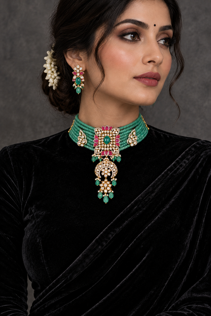 Emerald necklace Polki diamond necklace 925 silver jewelry 22k gold plated - SHABURIS