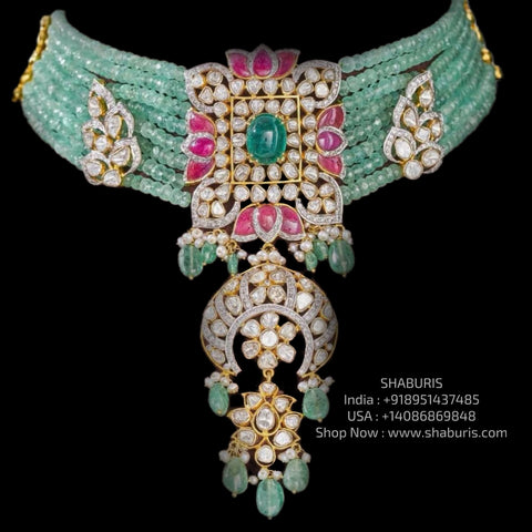 Emerald necklace Polki diamond necklace 925 silver jewelry 22k gold plated - SHABURIS