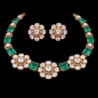 Emerald necklace Polki diamond necklace 925 silver jewelry 22k gold plated - SHABURIS