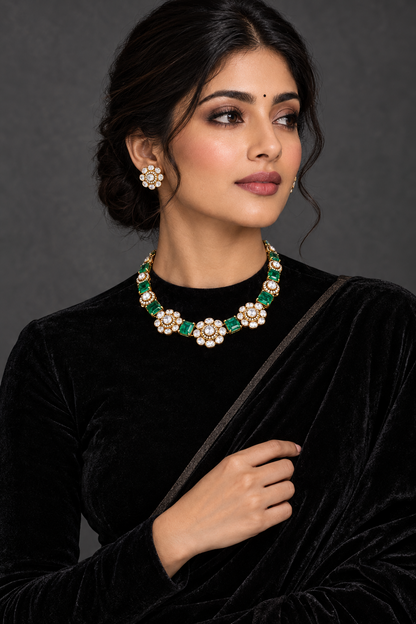 Emerald necklace Polki diamond necklace 925 silver jewelry 22k gold plated - SHABURIS