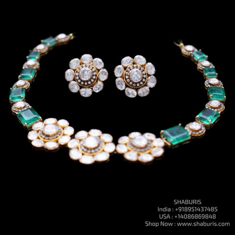 Emerald necklace Polki diamond necklace 925 silver jewelry 22k gold plated - SHABURIS