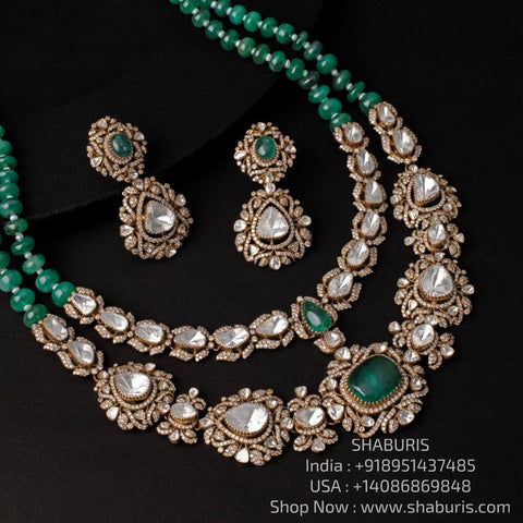 Emerald necklace Polki diamond necklace 925 silver jewelry 22k gold plated - SHABURIS
