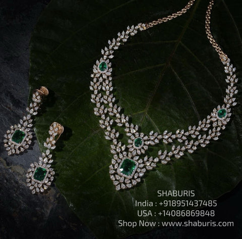 Emerald necklace diamond necklace 925 silver with 22k gold plated- SHABURIS