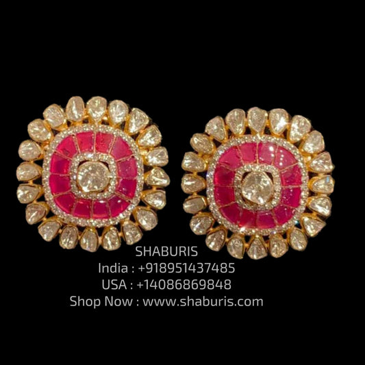 Polki Diamond studs - 925 silver Jewelry,South Indian Jewelry,bridal earrings,Indian Wedding Jewelry,pure Silver indian jewelry - SHABURIS