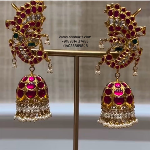Earcuf Antique earrings Polki Jhumkis - Diamond Studs - Cocktail Studs - 925 silver Jewelry , South Indian Jewelry,bridal choker,Indian Wedding Jewelry,pure Silver indian jewelry - SHABURIS