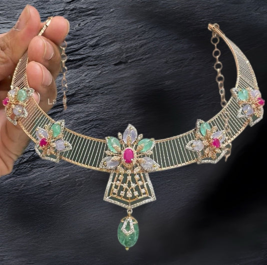 Fusion Necklace - Cocktail Necklace - Blue Saphire Necklace - 925 silver Jewelry,South Indian Jewelry,bridal choker,Indian Wedding Jewelry,pure Silver indian jewelry - SHABURIS