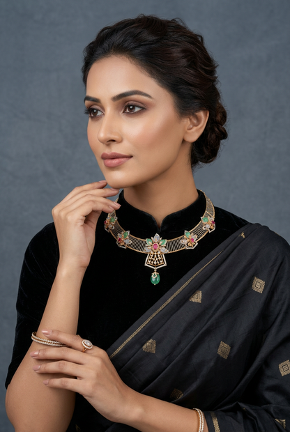 Fusion Necklace - Cocktail Necklace - Blue Saphire Necklace - 925 silver Jewelry,South Indian Jewelry,bridal choker,Indian Wedding Jewelry,pure Silver indian jewelry - SHABURIS