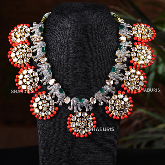 Coral Necklace - Cocktail Necklace - Blue Saphire Necklace - 925 silver Jewelry,South Indian Jewelry,bridal choker,Indian Wedding Jewelry,pure Silver indian jewelry - SHABURIS
