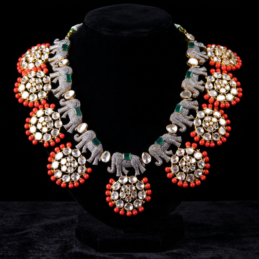 Coral Necklace - Cocktail Necklace - Blue Saphire Necklace - 925 silver Jewelry,South Indian Jewelry,bridal choker,Indian Wedding Jewelry,pure Silver indian jewelry - SHABURIS