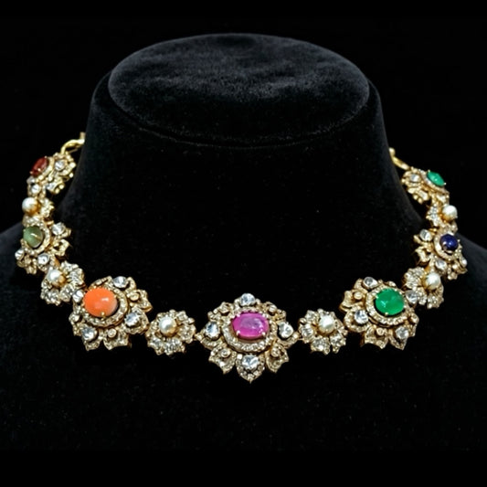 Navaratan necklace diamond necklace 925 silver jewelry 22k gold plated - SHABURIS