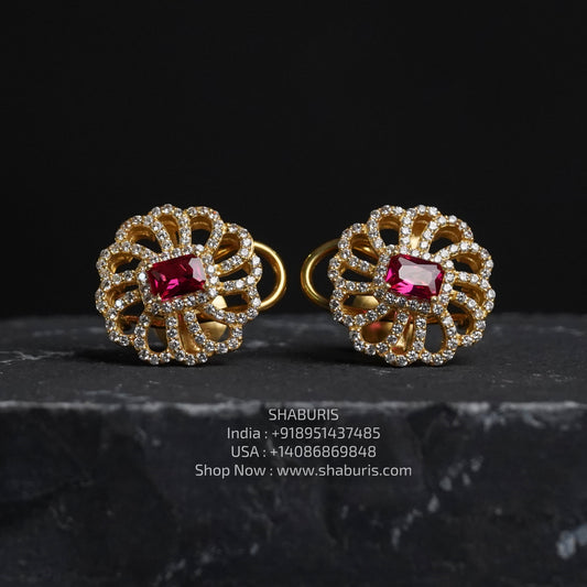 Diamond studs - 925 silver Jewelry,South Indian Jewelry,bridal earrings,Indian Wedding Jewelry,pure Silver indian jewelry - SHABURIS