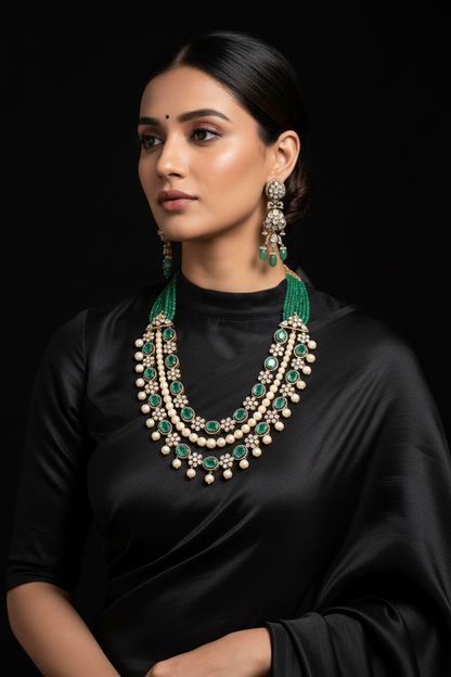 Emerald Beads Necklace Polki necklace 925 silver jewelry 22k gold plated - SHABURIS