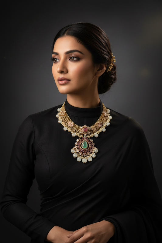 Jilebi Necklace Polki necklace 925 silver jewelry 22k gold plated - SHABURIS