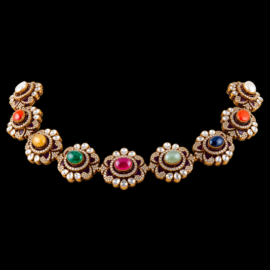 Navaratan necklace silver necklace 925 silver with 22k gold plated - SHABURIS