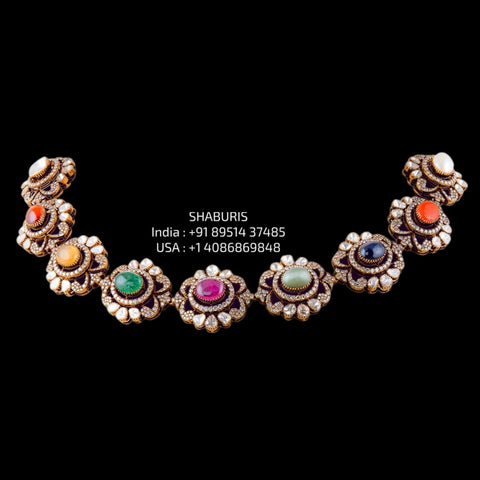 Navaratan necklace silver necklace 925 silver with 22k gold plated - SHABURIS