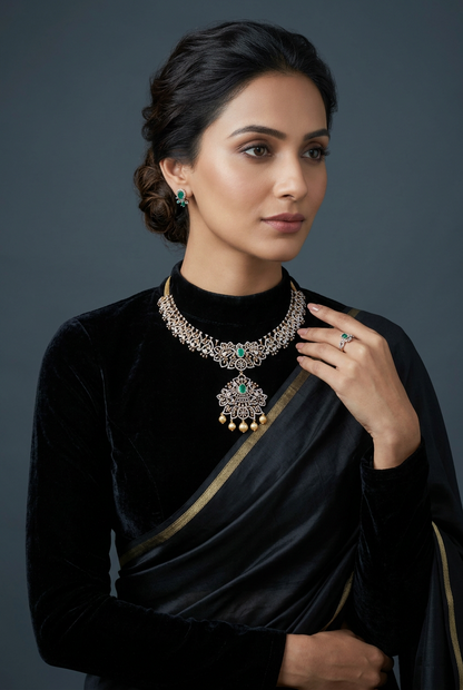 Diamond Necklace - Bridal Necklace - Wedding Necklace - 925 silver Jewelry,South Indian Jewelry,bridal choker,Indian Wedding Jewelry,pure Silver indian jewelry - SHABURIS