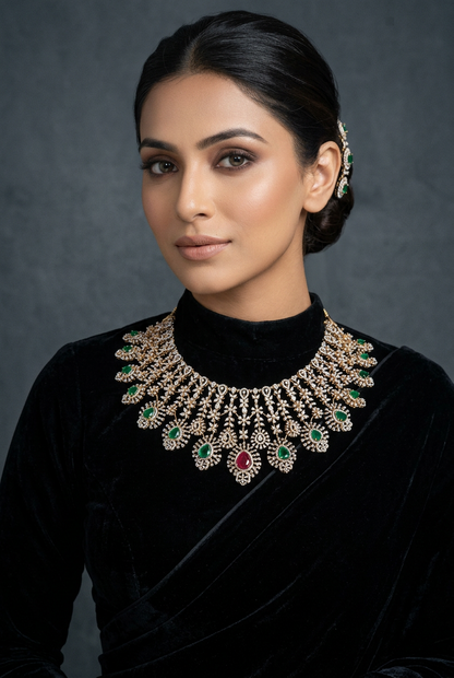 Diamond Necklace - Bridal Necklace - Wedding Necklace - 925 silver Jewelry,South Indian Jewelry,bridal choker,Indian Wedding Jewelry,pure Silver indian jewelry - SHABURIS