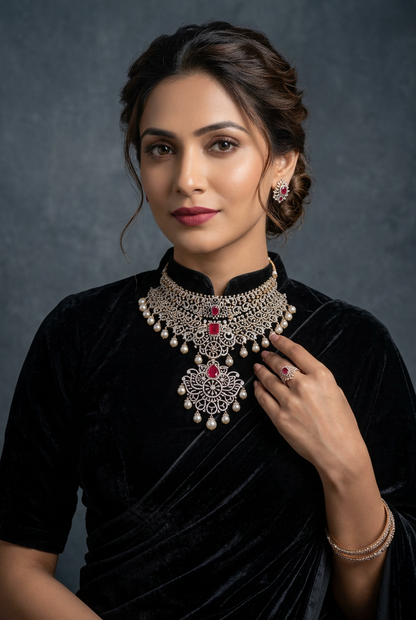 Diamond Necklace - Bridal Necklace - Wedding Necklace - 925 silver Jewelry,South Indian Jewelry,bridal choker,Indian Wedding Jewelry,pure Silver indian jewelry - SHABURIS