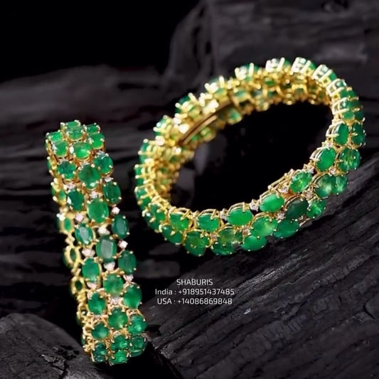 Emerald Bangles - Diamond Bangles - 925 Silver Jewelry - 22ct Gold Plated - CZ Bangles - South indian diamond Bangles design - SHABURIS