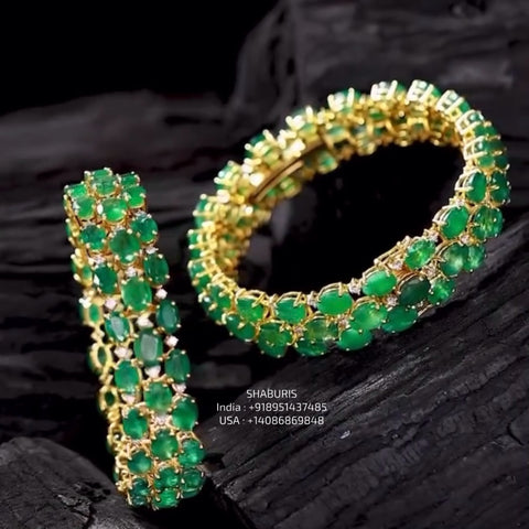 Emerald Bangles - Diamond Bangles - 925 Silver Jewelry - 22ct Gold Plated - CZ Bangles - South indian diamond Bangles design - SHABURIS